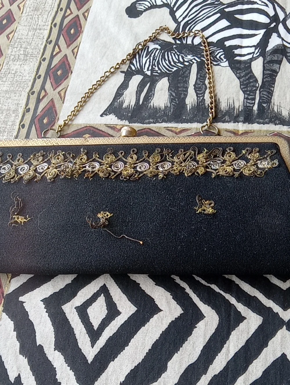 Black Embellished Evening Clutch with Gold Chain